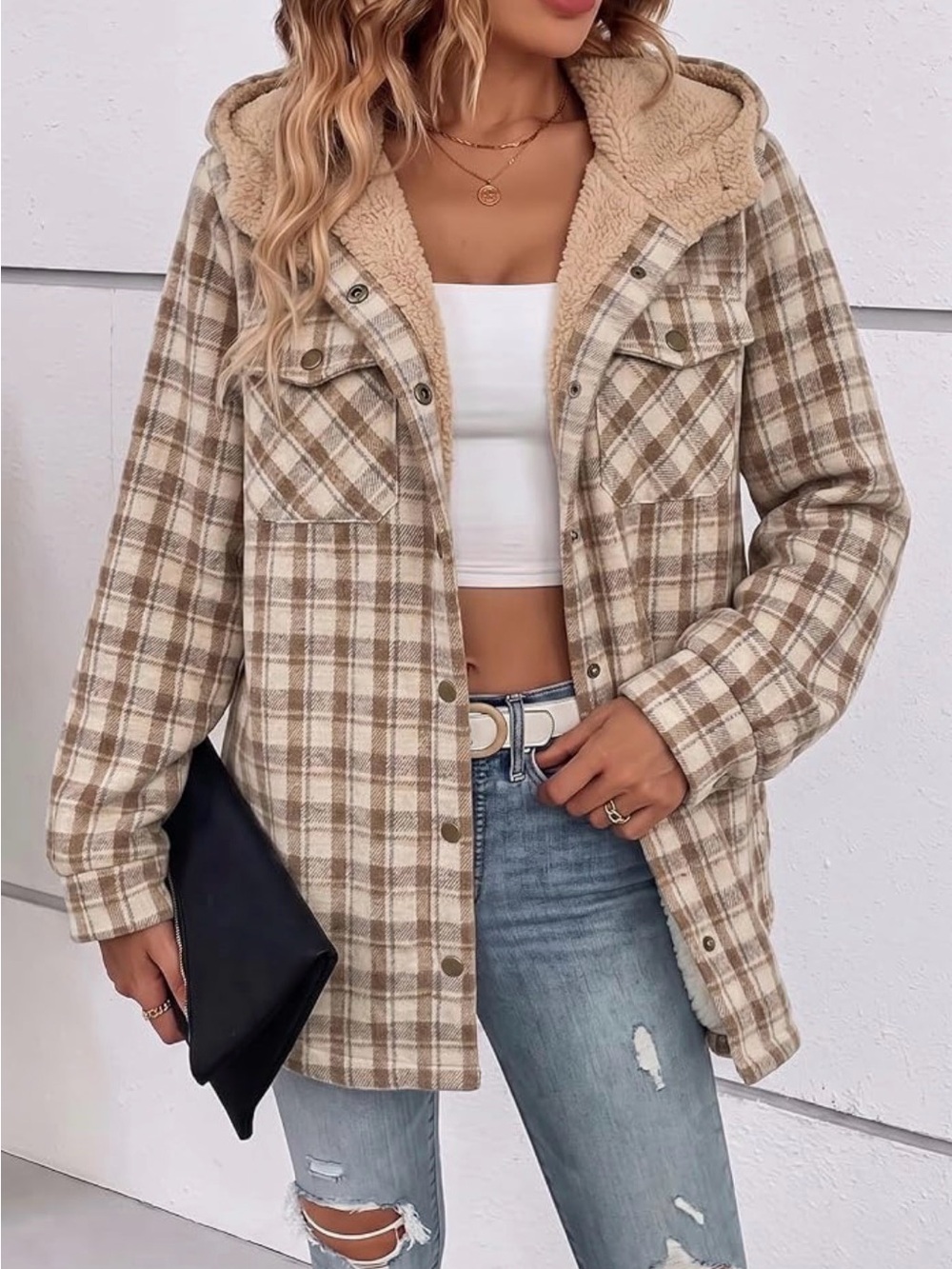 Women's Beige Plaid Hooded Sherpa Jacket